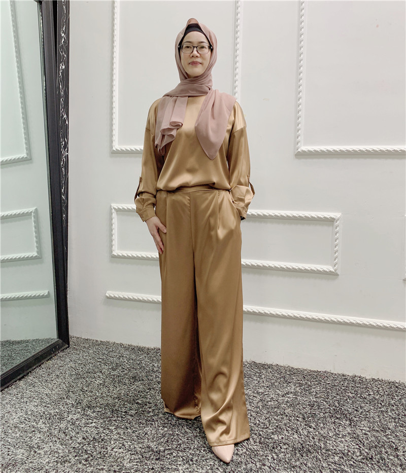 2022 Dubai Turkish Modern Casual set outfit Satin Loose top and pants set Islamic set wholesale