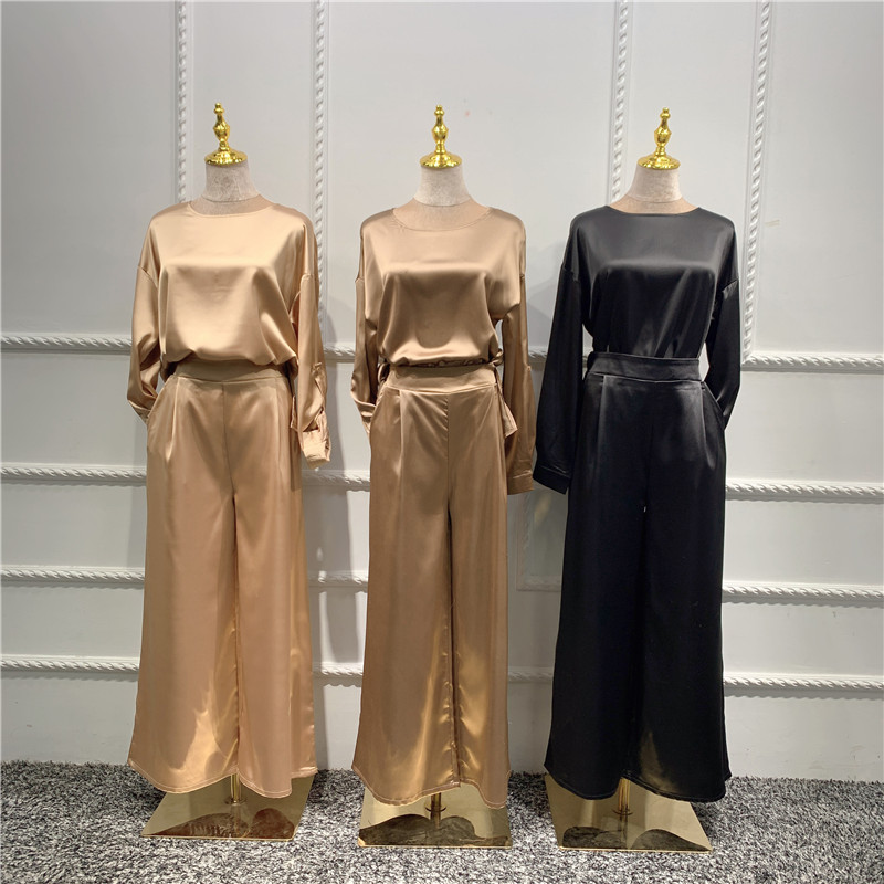 2021 Latest new solid color satin loose top and pants two outfits for woman Modern casual set Islamic women outfit abaya