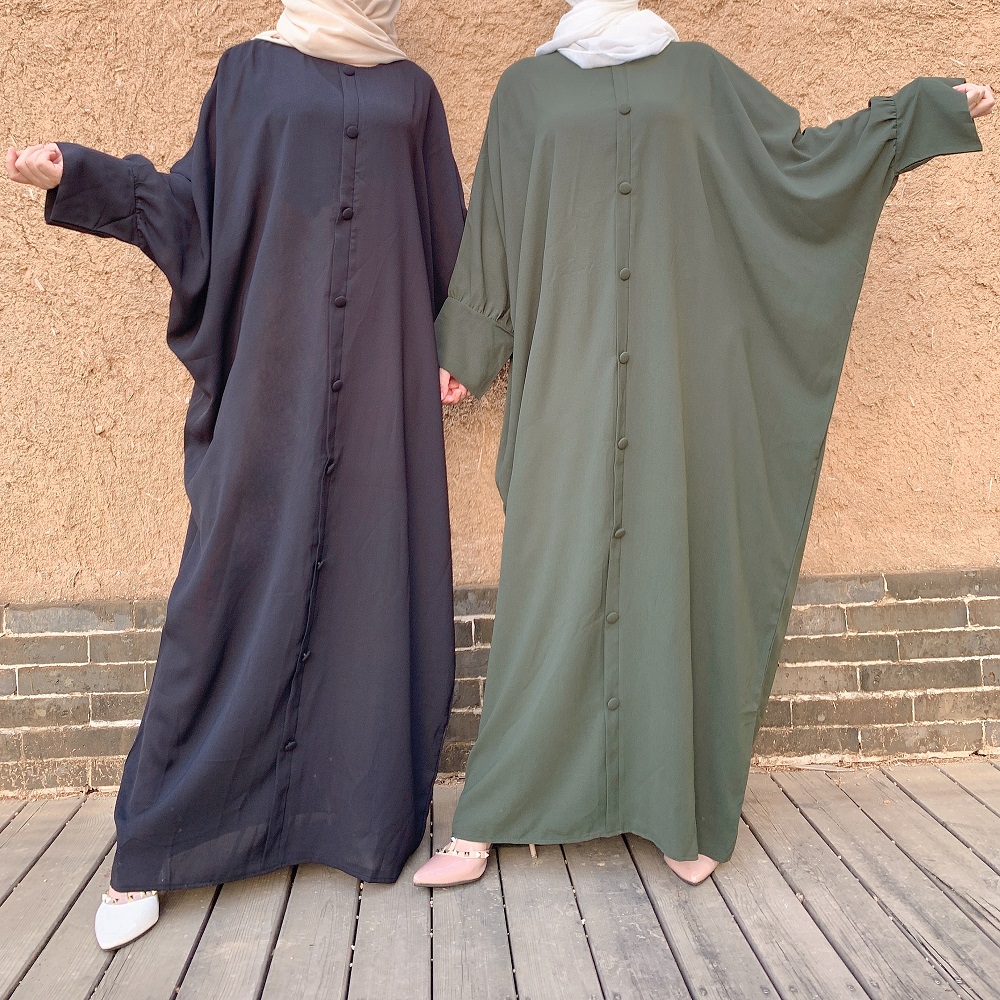 Wholesale Solid Jilbab Abaya wiht Buttons decoration linen fabric long sleeves Muslim maxi dress