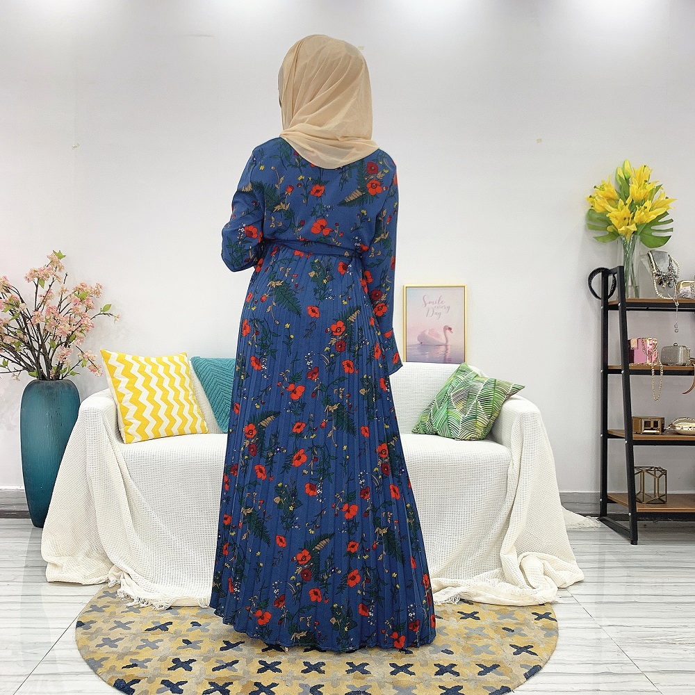 Elegant Islamic Clothing Crepe Maxi Printed Flower Pleated Islamic Dress for Muslim Ladies