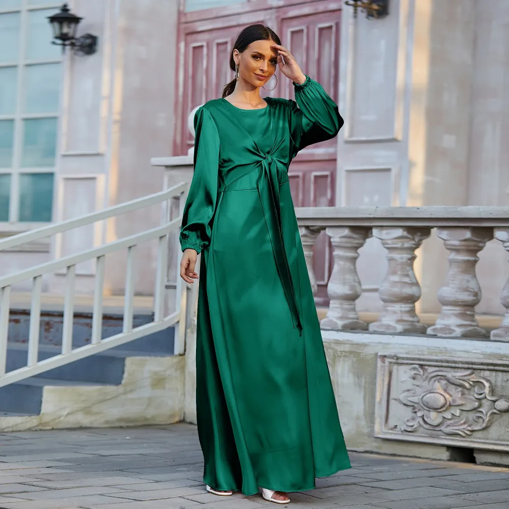 Loriya - Fancy women solid color muslim dresses long sleeves maxi satin  dress abaya dubai style muslim maxi dress