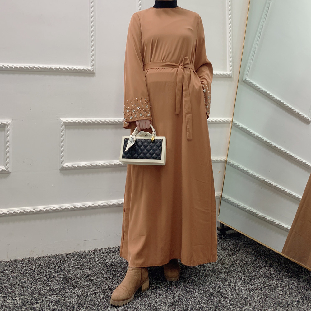 Modest Islamic Clothing Long Solid Color Skirt with a Belt for Muslim Ladies