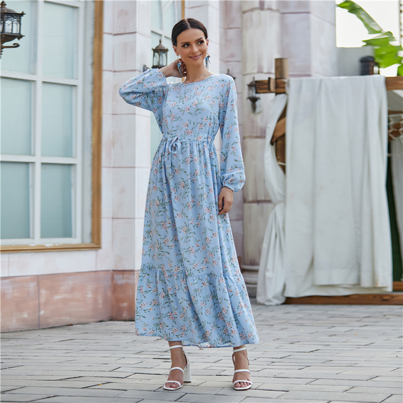 Dubai Muslim floral print women long fashion dress with waist drawstring Ramadan Islamic Abaya