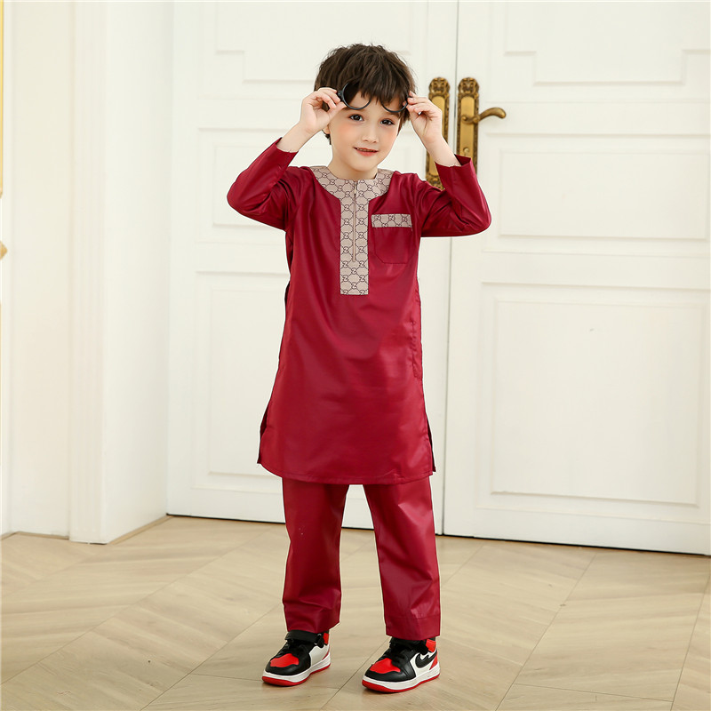Traditional Embroidered Breathable Long Sleeve Muslim Clothing Islamic Thobe for Boy Muslim Kids Children Clothing
