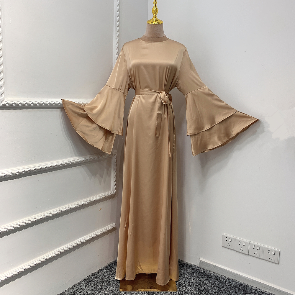 Hot sale Women Fashion Satin Robe 2 layers ruffle sleeves Muslim dress Abaya Islamic Clothing