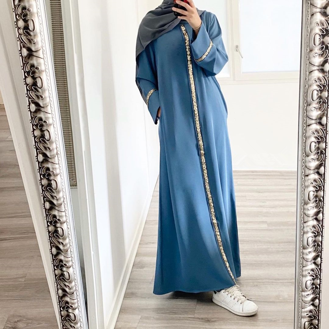 Muslim fashion kaftan Abayas Women sequins evening dress with side pockets Islamic Clothing