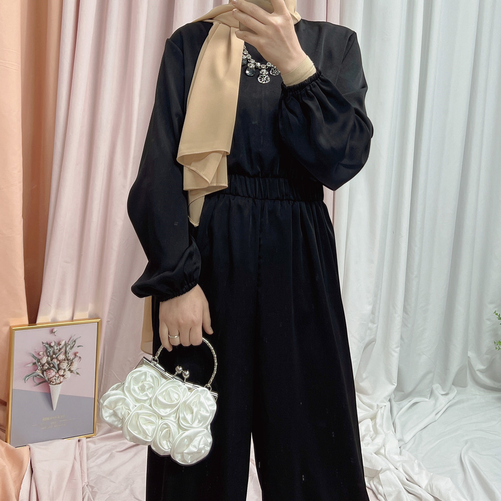 Islamic Turkish satin Jumpsuit New Women Abaya Muslim Long Sleeve Jumpsuit Wide Leg Pant Overalls Rompers