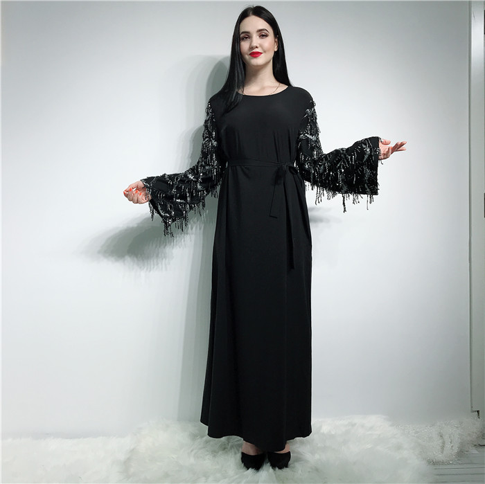 Fashion muslim women long abaya Islamic dress sequin tassels sleeve islamic modern abaya wholesale