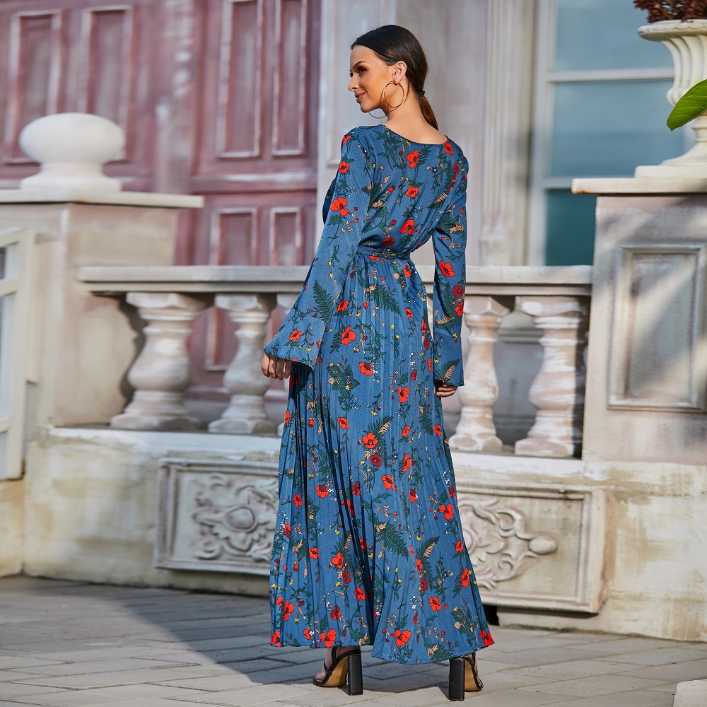 Hot sale Dubai Turkey Abaya Muslim women printing floral pleated maxi dress Islamic clothing