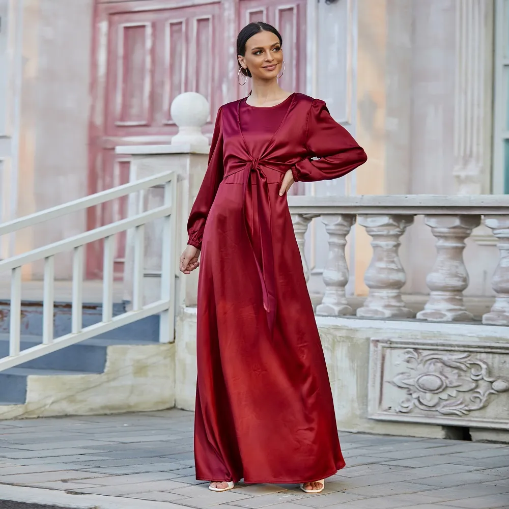 Loriya - Fancy women solid color muslim dresses long sleeves maxi satin  dress abaya dubai style muslim maxi dress