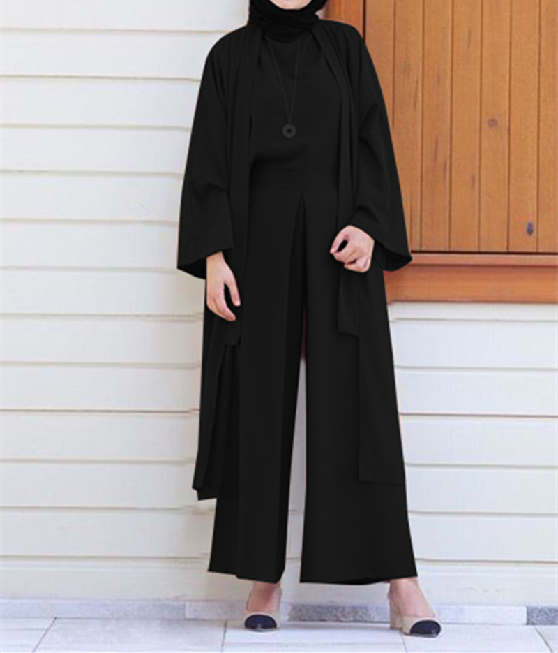 2021 Nov New arrival daily wear Solid color Muslim women dress with pants 3 pieces Abaya set