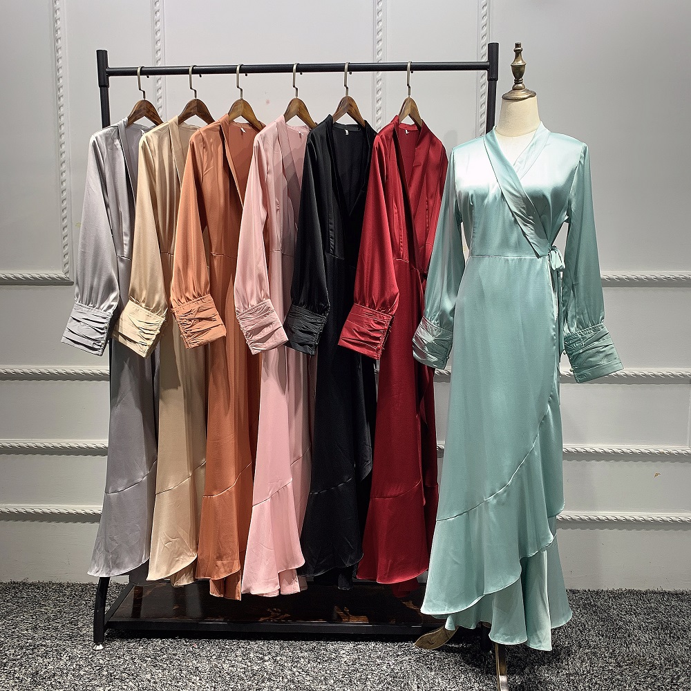 High quality 7 colors Muslim women satin long dress ruffle Arabic Abaya Islamic Clothing