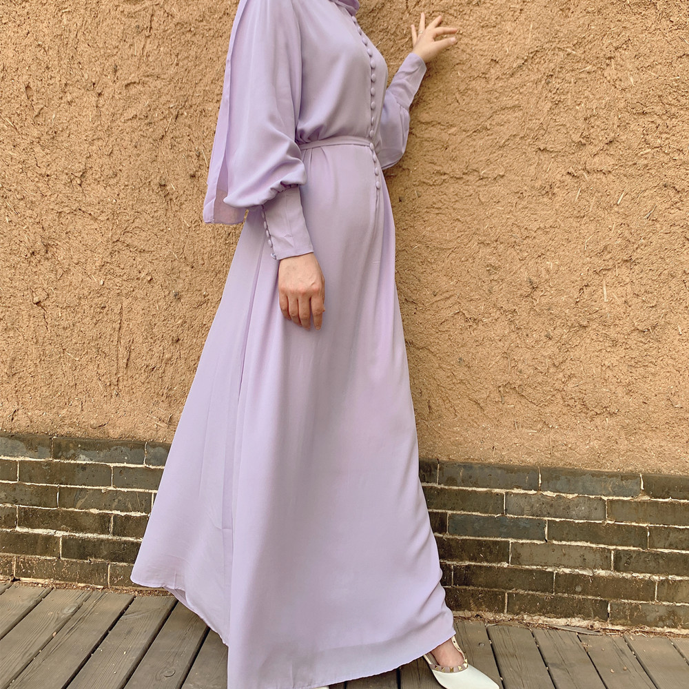 Fashion Islamic Clothing Abaya Muslim Dress Two Layers Heavy Chiffon Maxi Islamic Dress with Buttons