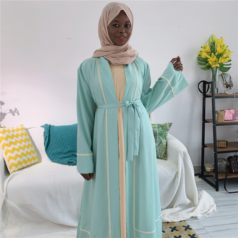 2021 Islamic Front Open Abaya Women Full Sleeve Burqa cardigan  Dubai Muslim contrast color Open Muslim abaya