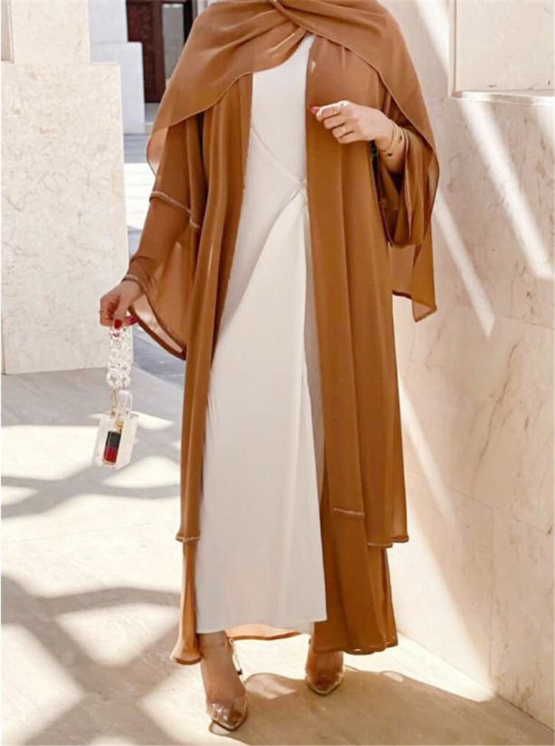 Islamic Fashion Muslim Middle East Abaya Solid Color Arabic Layered Front Open Cardigan contract color open abaya