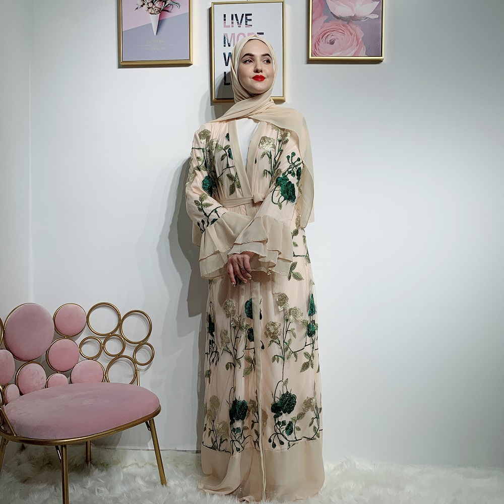 Wholesale muslim full embroidery floral abaya flare sleeves kimono cardigan islamic clothing