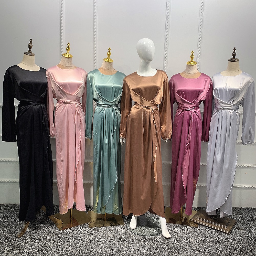 Wholesale Satin Katan Dubai Abaya Turkey Arabic Muslim Women Dress Open Cardigan Islamic Clothing