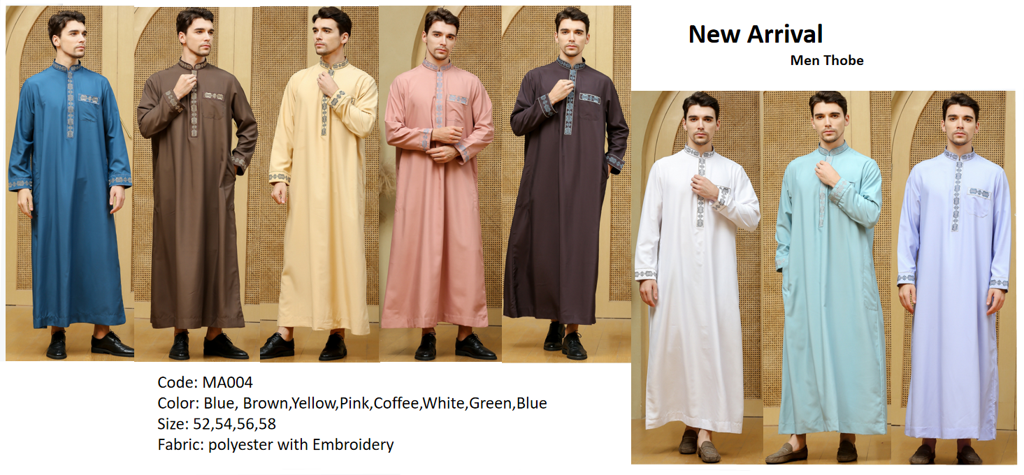 2021 Muslim men Thobe long sleeves standard collar Islamic Arabic Kaftan Men Abaya