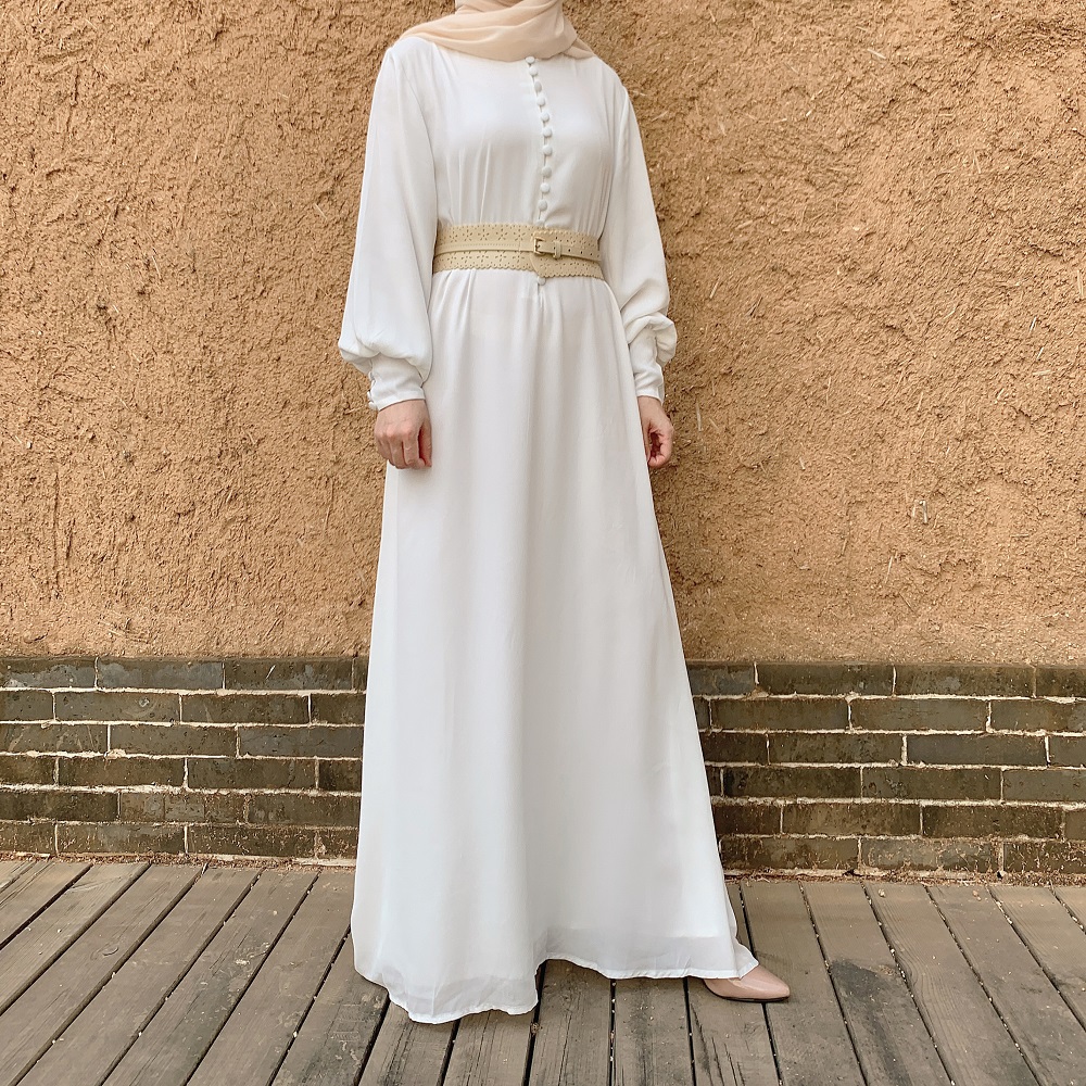 Wholesale High Quality Elegant Muslim Women Long Abaya with buttons Chiffon Dress Islamic Clothing