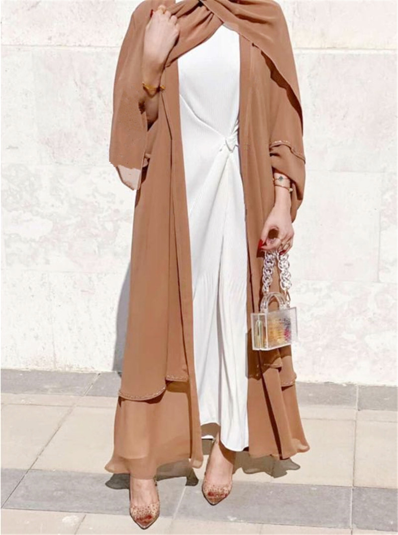 Islamic Fashion Muslim Middle East Abaya Solid Color Arabic Layered Front Open Cardigan contract color open abaya