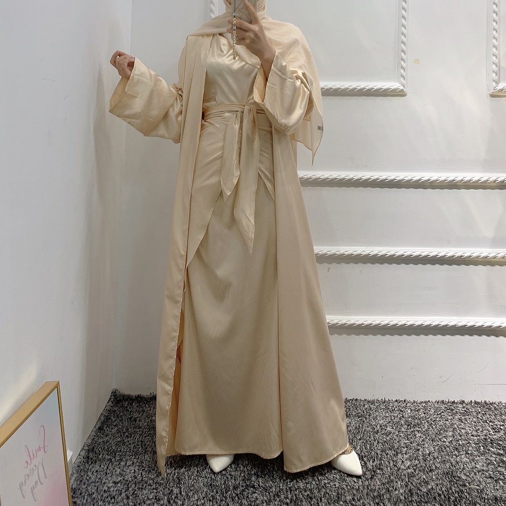 2021 Sept New arrival Women Fashion Satin dress 3pcs set Muslim Open Abaya Cardigan Islamic Clothing