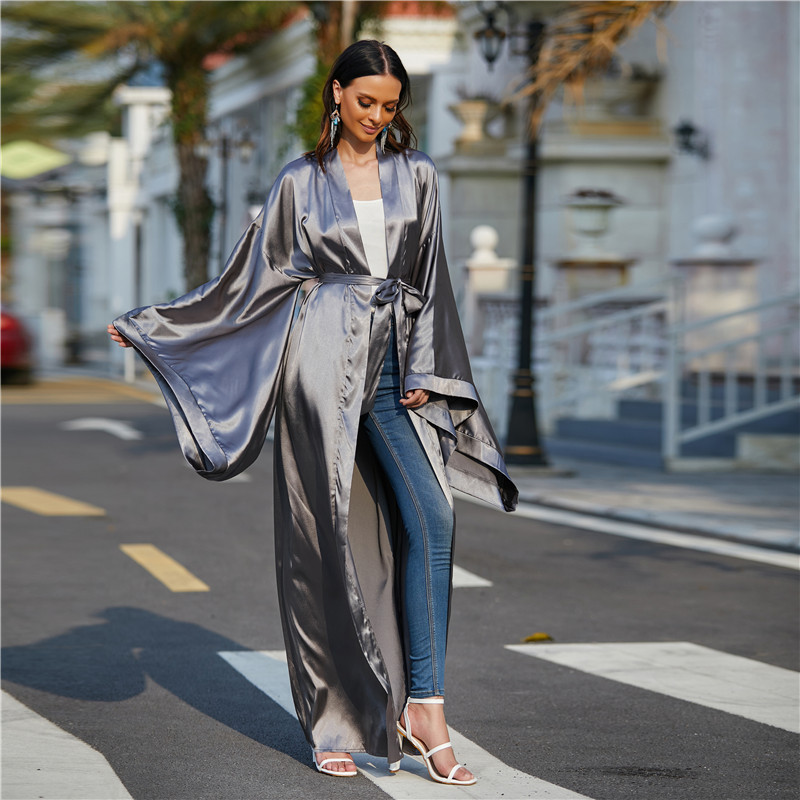 Satin Arab Turkish Fancy Plus size Satin Abaya Causal open Muslim Abaya Islamic contrast color open abaya for Women 2021