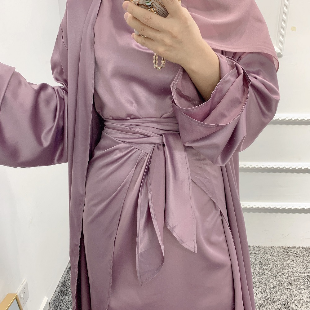 2021 Fashion Satin Islamic Clothing Open Abaya Muslim Dress Three-Piece Suit Wrap Skirt Wholesale