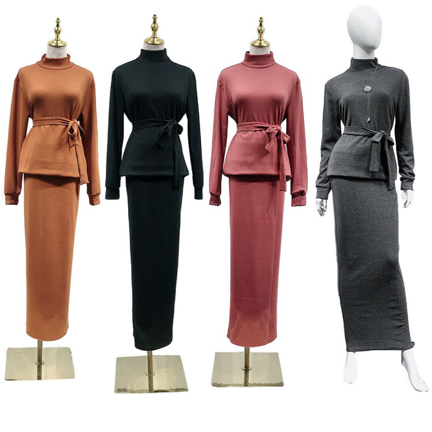 New muslim fall/winter women knitted abaya dress sweater skirts sets