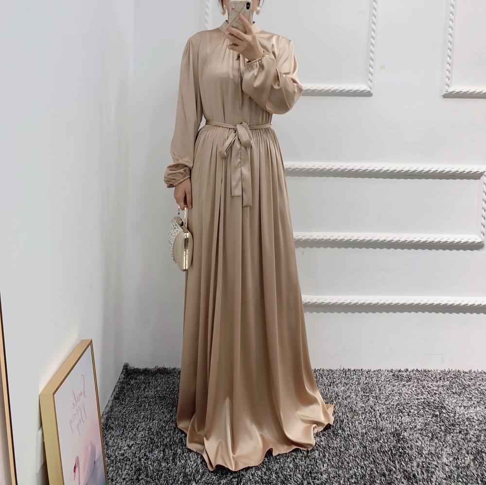 2021 Nov New Satin Abaya High Quality Middle east Islamic Clothing Long Sleeves Women Muslim Dress