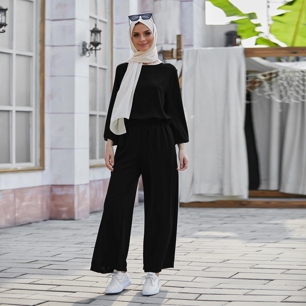 Wholesale good quality Muslim dress and pants solid color Dubai ladies dress two piece Abaya set