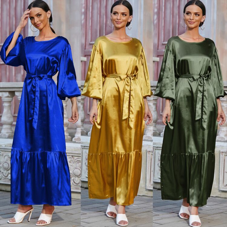 Dubai India Upmarket sleek satin high Waist Islamic Dress Full Sleeve Muslim Dress Elegant Islamic Kaftan Turkey Abaya Jijab