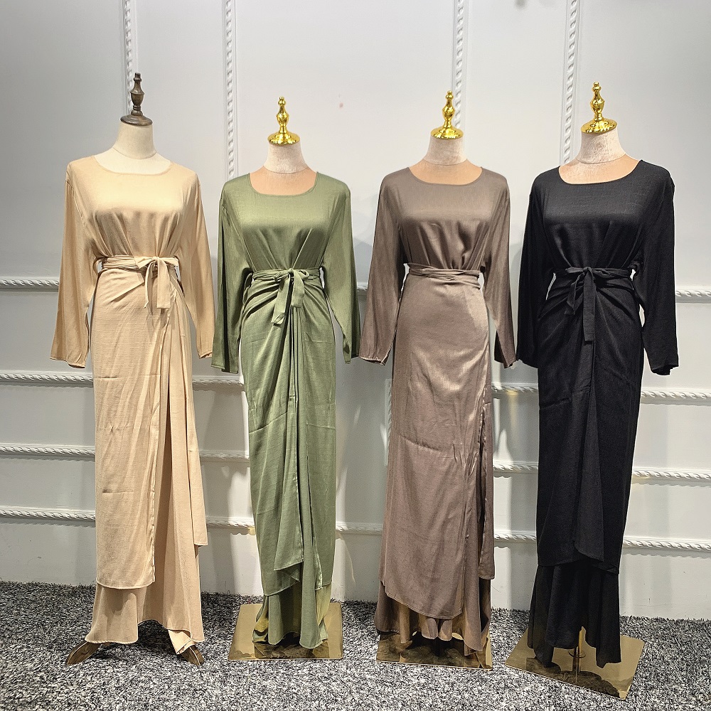 2021 high quality Muslim women Abaya 3pcs Solid color dress set kimono open Cardigan Islamic Clothing