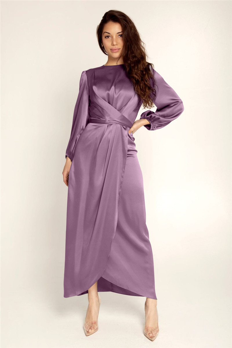 Women Modest Islamic Clothing Fashionable Satin Elegant Cross Belt Abaya Long Maxi Islamic Dress