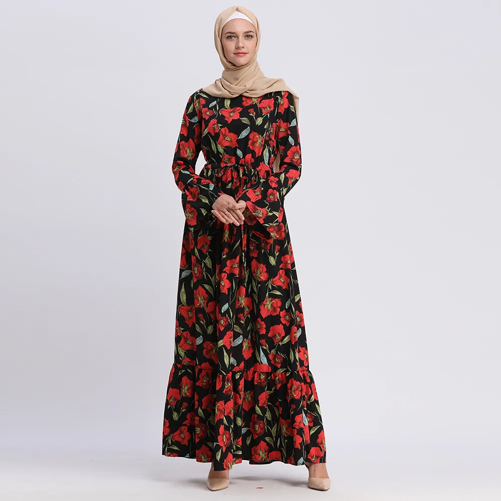 Loriya - Latest Arrival Clothing Fancy Floral Printed Red Muslim Women  Night Exclusive Kaftan White Islamic Dress muslim maxi dress