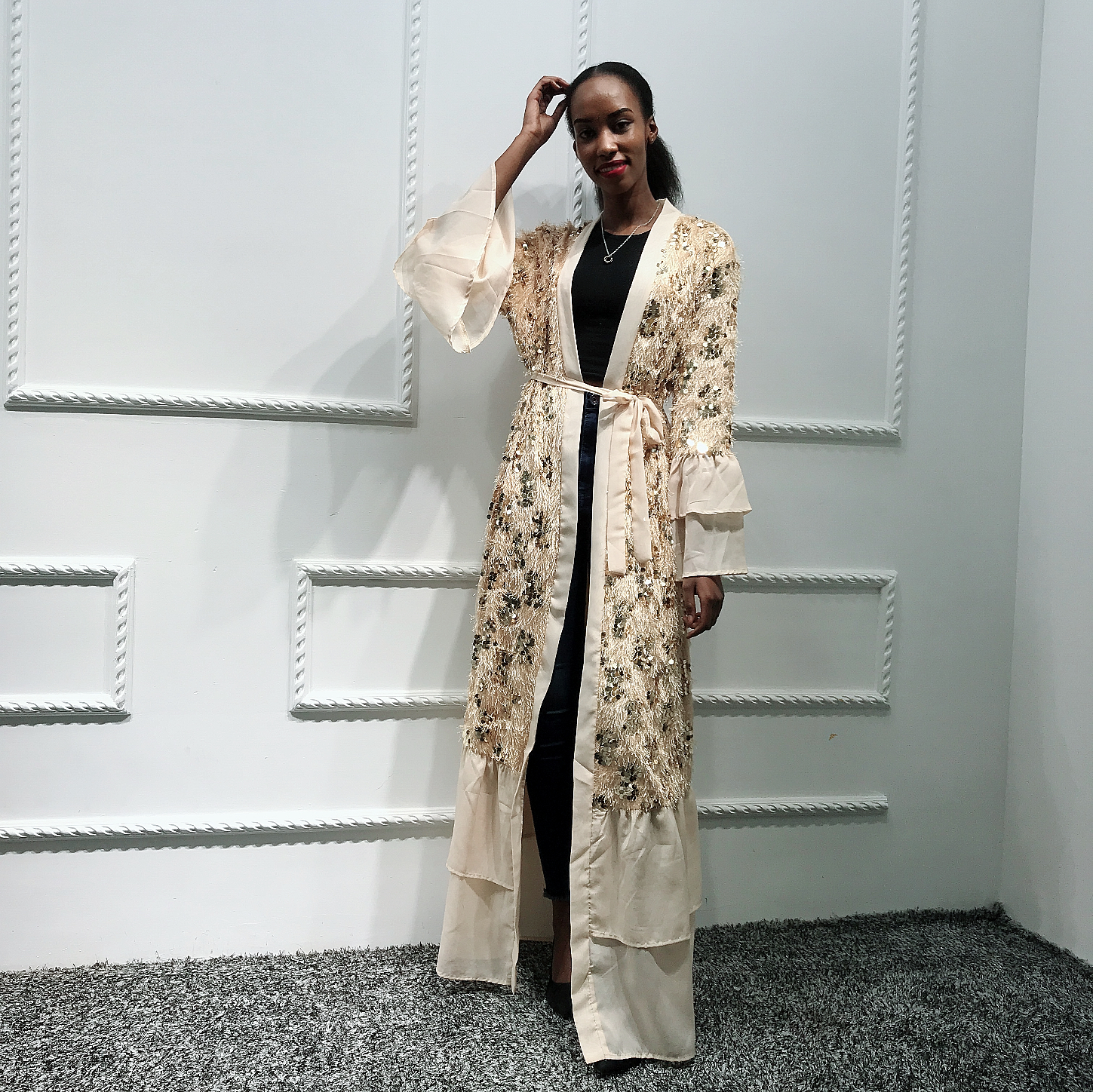 High quality New arrival Fashion Design Dubai with shinny sequin abaya muslim dubai dresses with hems Islamic shinny abaya