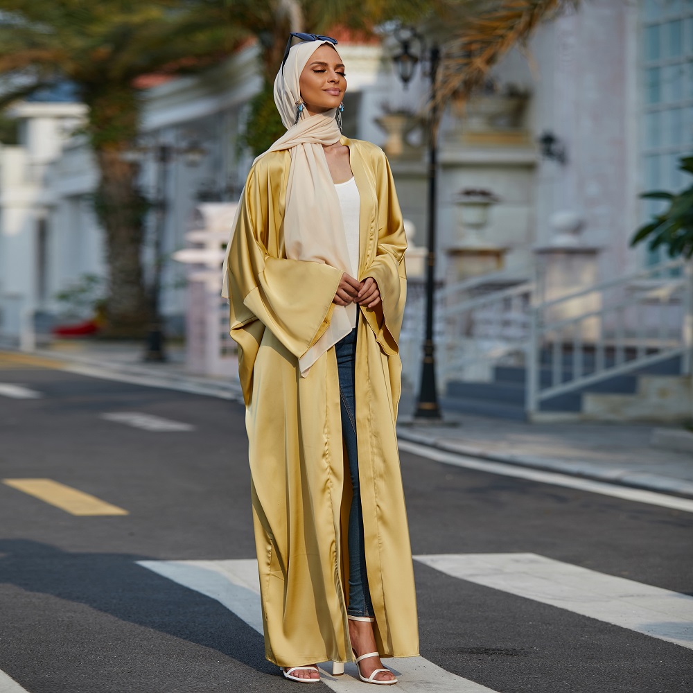 Ramadan Muslim Kimono Abayas smooth silky solid color long Muslim dress women modest open Abaya