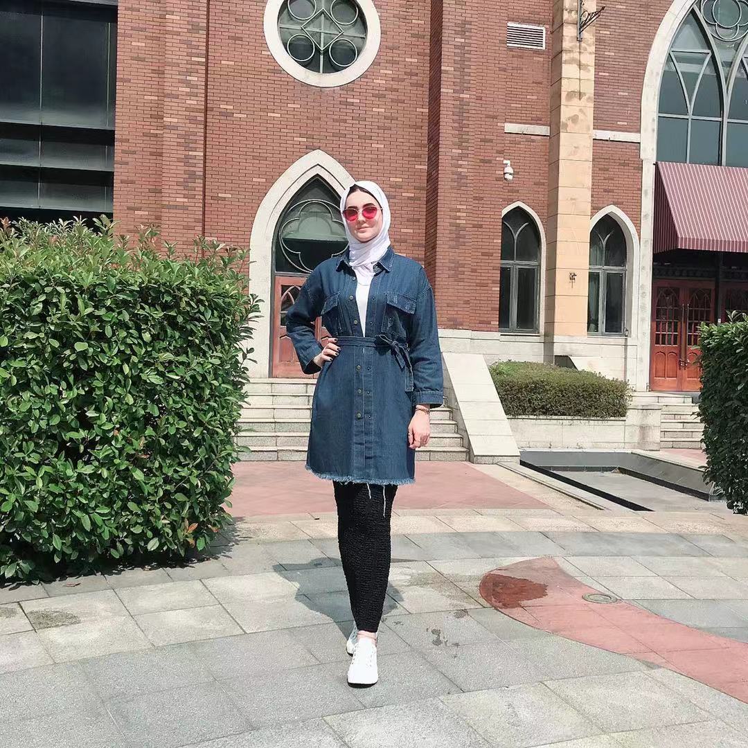 Latest Fashion Islamic Clothing Long Shirt abaya Turkey Denim Design Top Jeans Shirt Coat With Belt Causal Denim top abaya