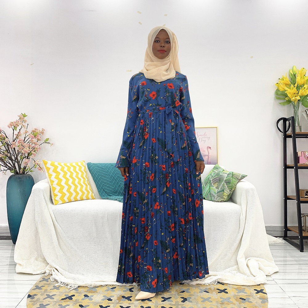Elegant Islamic Clothing Crepe Maxi Printed Flower Pleated Islamic Dress for Muslim Ladies