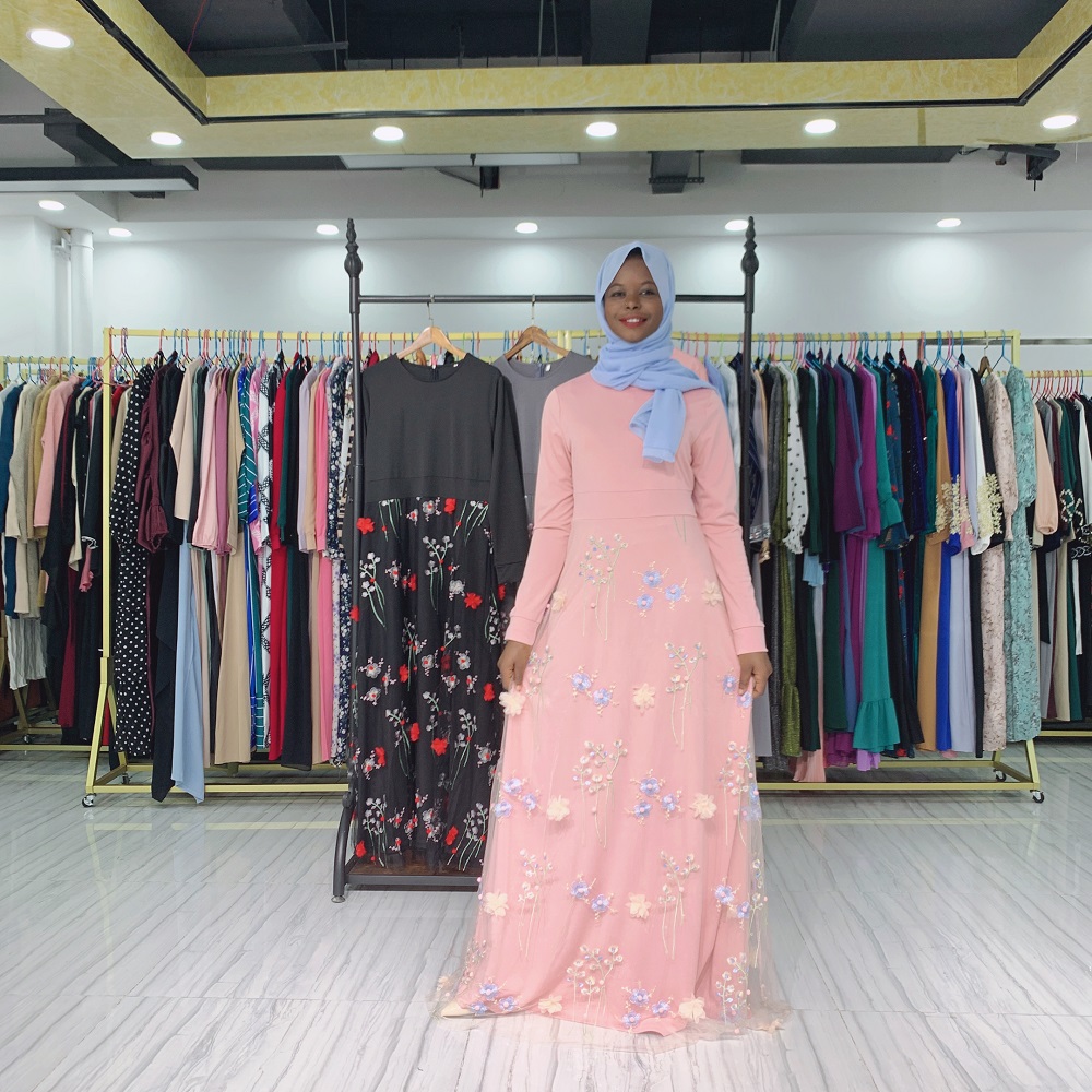 High quality 3D flower long dress full sleeve long maxi dress elegant embroidered Muslim Abaya