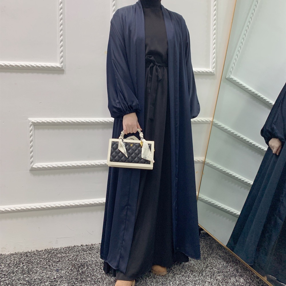 Elegant Islamic Clothing Satin Material Solid Colors Long Maxi Abaya Dress for Muslim Women