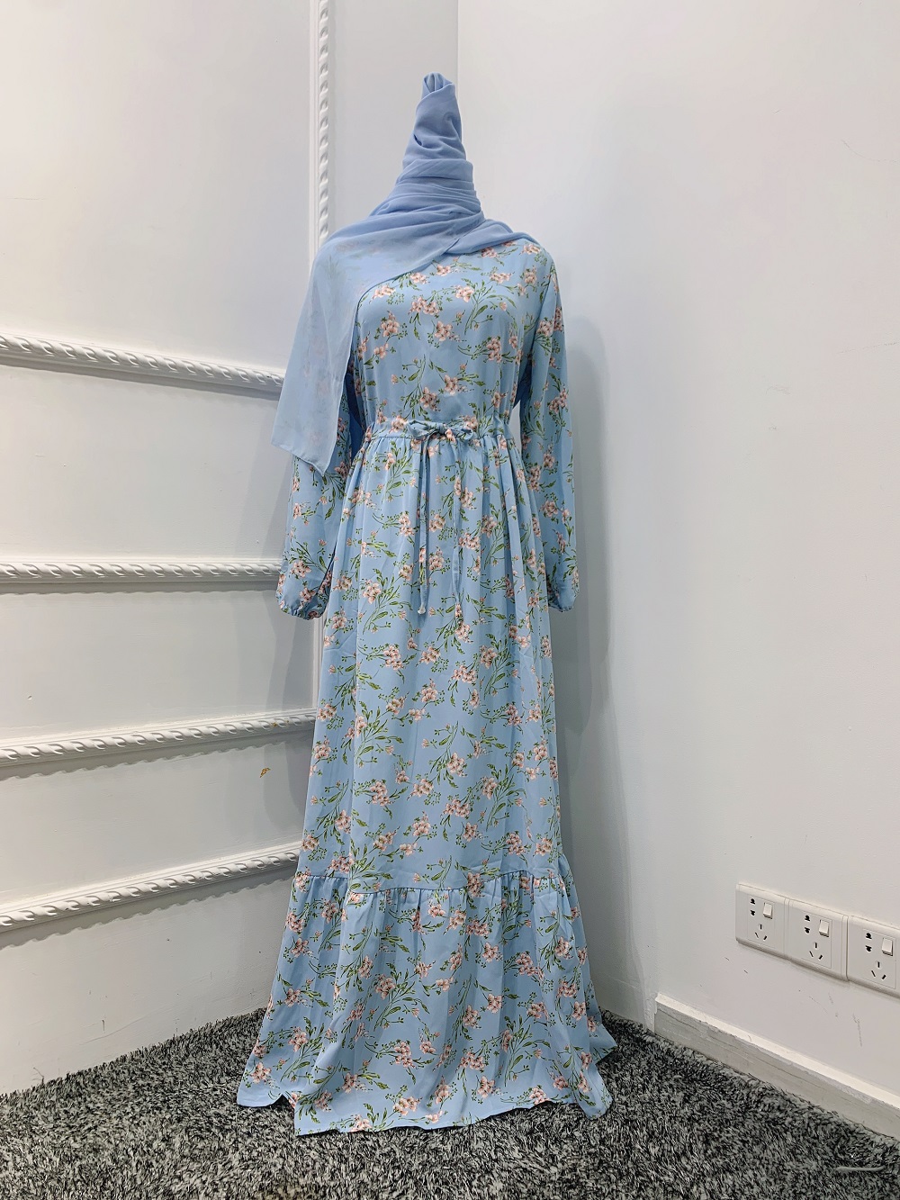 Dubai Muslim floral print women long fashion dress with waist drawstring Ramadan Islamic Abaya