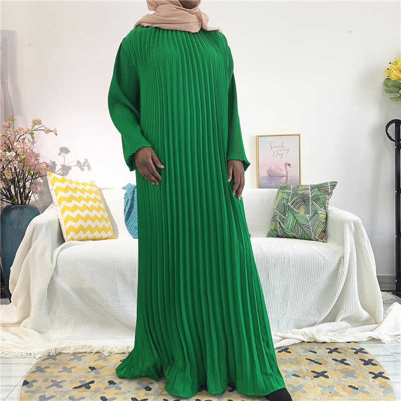 Arab Fashion Pleated Long Sleeve islamic Maxi abaya Dubai Turkey Khimar Muslim Kaftan Dress plain dress