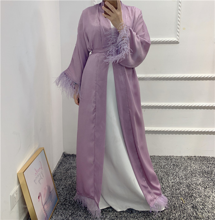 Stunning High Quality Ethnic Clothing Women Front Open Abaya with Fur Islamic Dress Muslim Abaya