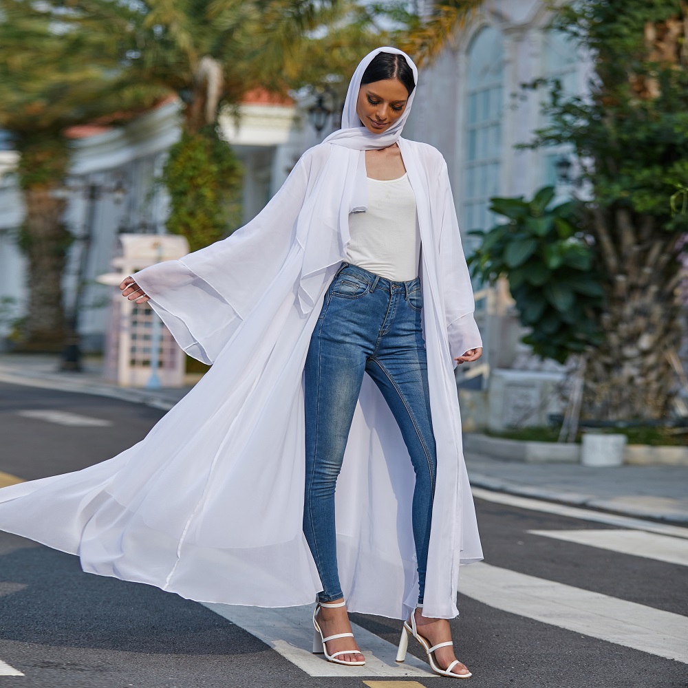 2021 Solid open Abaya kimono Dubai Turkey Kaftan Muslim Cardigan women chiffon Abaya hijab dress