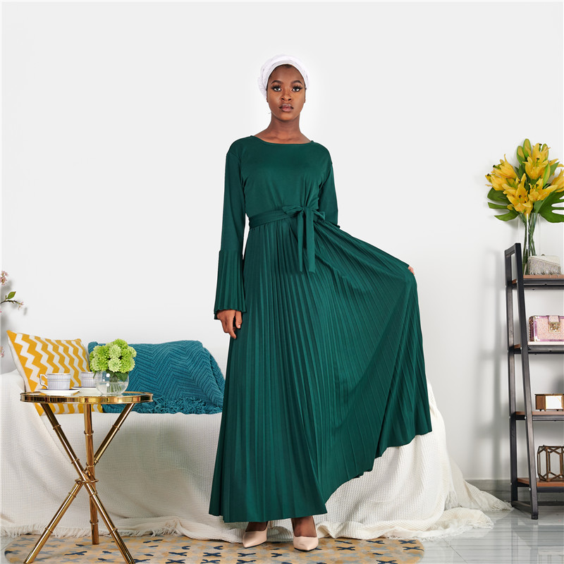 Long Sleeve Pleats Modern Girls Abaya Islamic Clothing Turky Muslim Women Dress