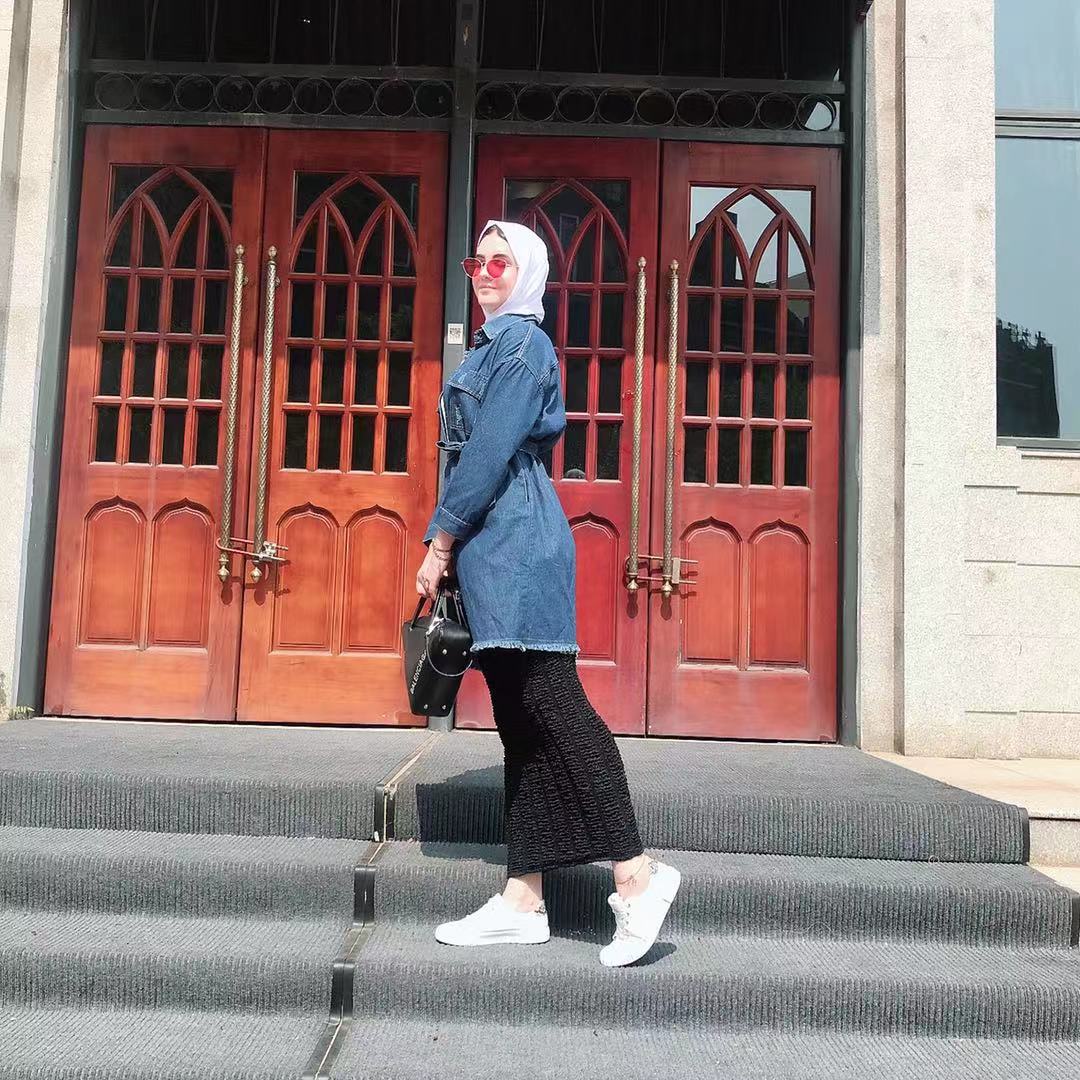 Latest Fashion Islamic Clothing Long Shirt abaya Turkey Denim Design Top Jeans Shirt Coat With Belt Causal Denim top abaya