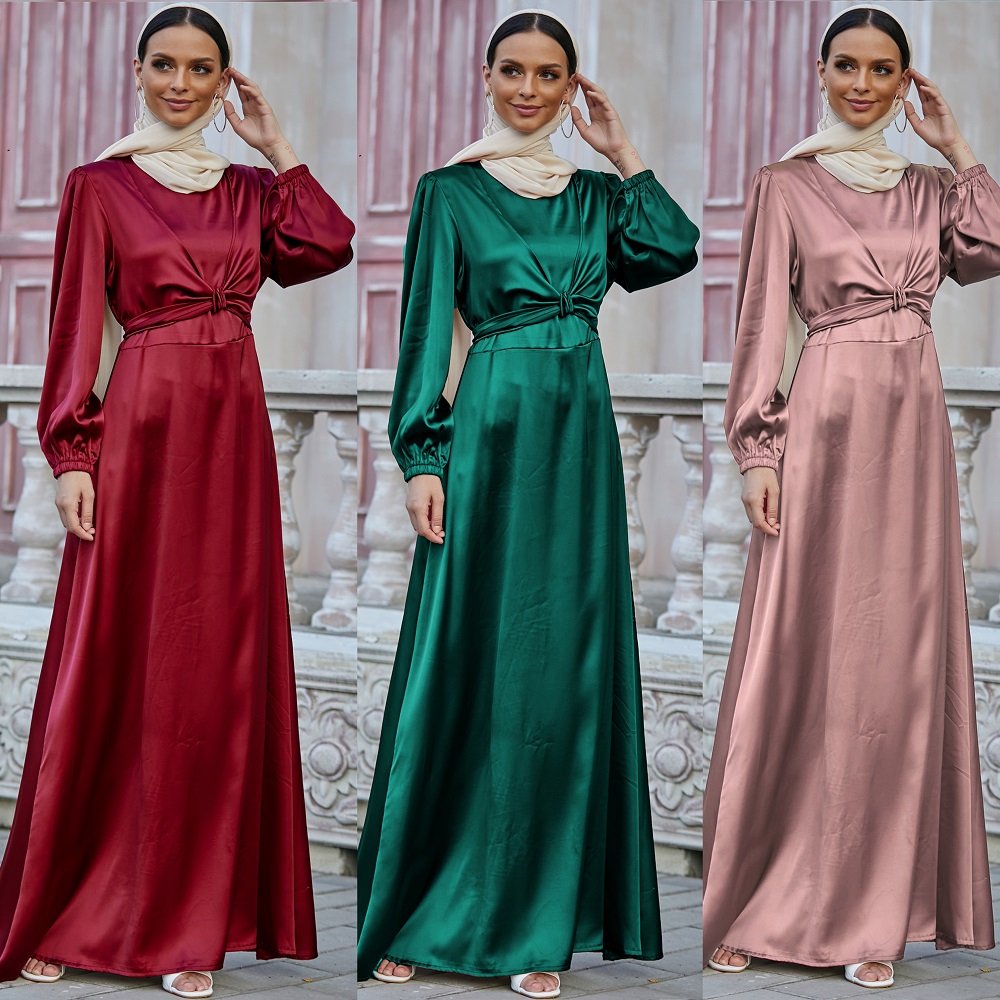 2021 New Modest fashion satin Abaya Muslim women dress in Dubai Islamic Clothing
