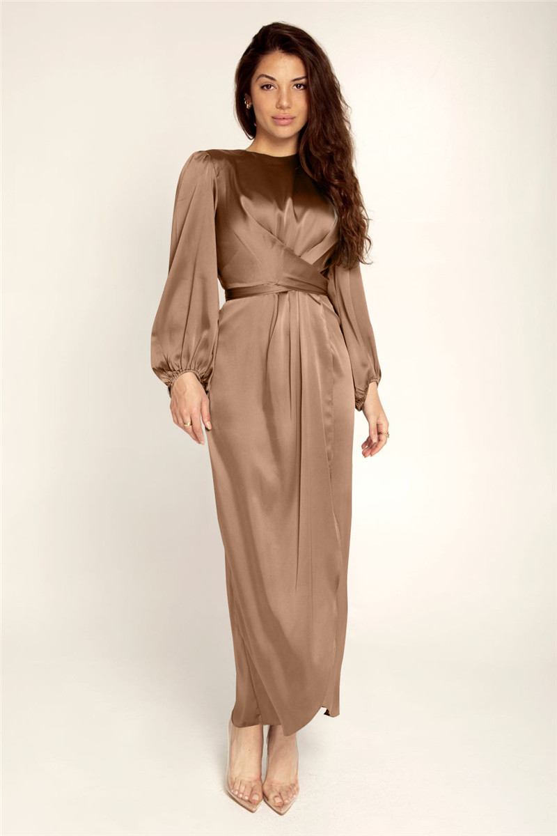 Women Modest Islamic Clothing Fashionable Satin Elegant Cross Belt Abaya Long Maxi Islamic Dress