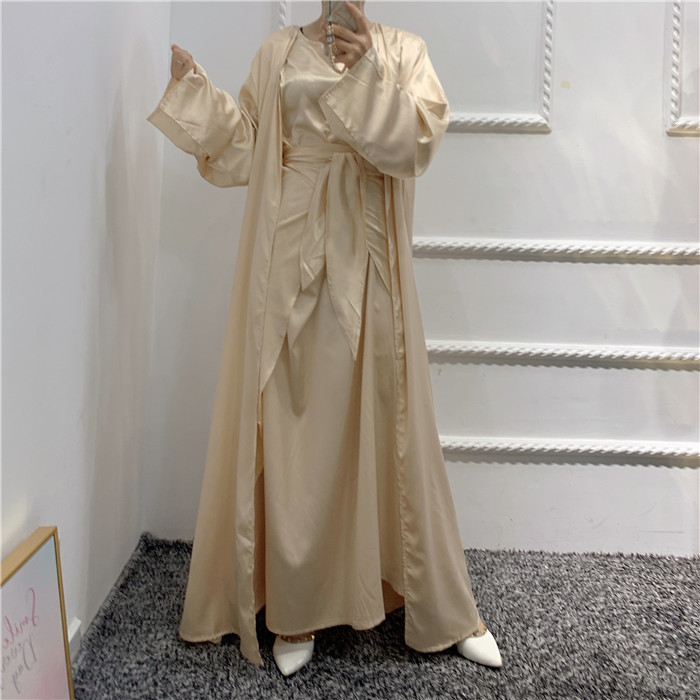 Modest Islamic Clothing 3 pieces Satin Suits Inner Dress Middle Wrap and Open Abaya Muslim Kaftan Dubai
