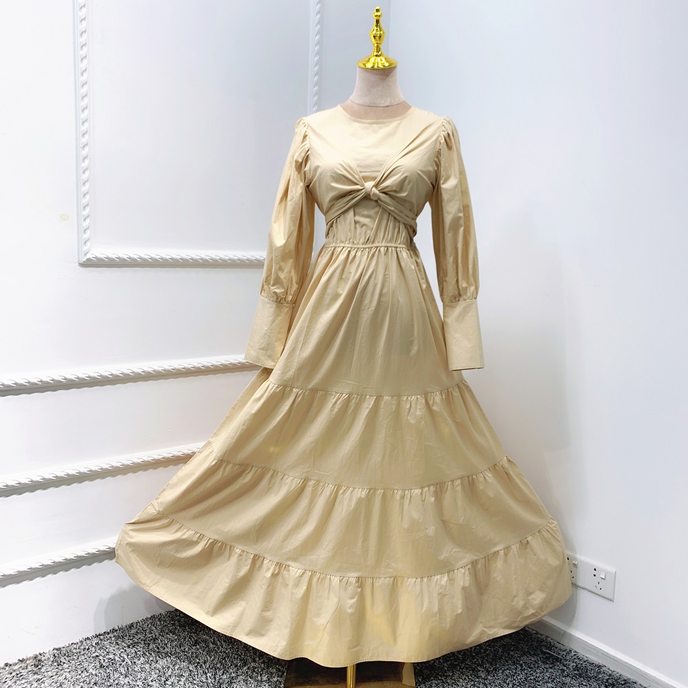 2021 Dubai Fashion Muslim Women Dress Cotton Maxi Dress Muslim with Puff Sleeves Ruffles Hem Dress